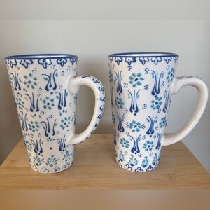 Myth Arts Hand Painted Mugs, Made In Turkey, Raised Floral Blue Design - 2